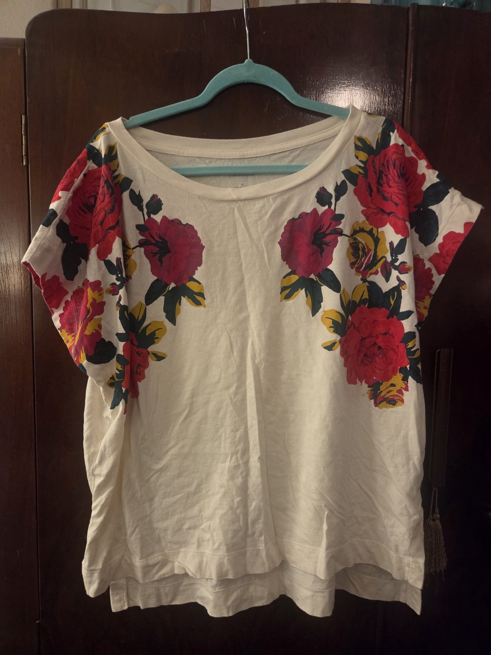 Anthropologie White Short-Sleeve Tee with Red Floral Print
